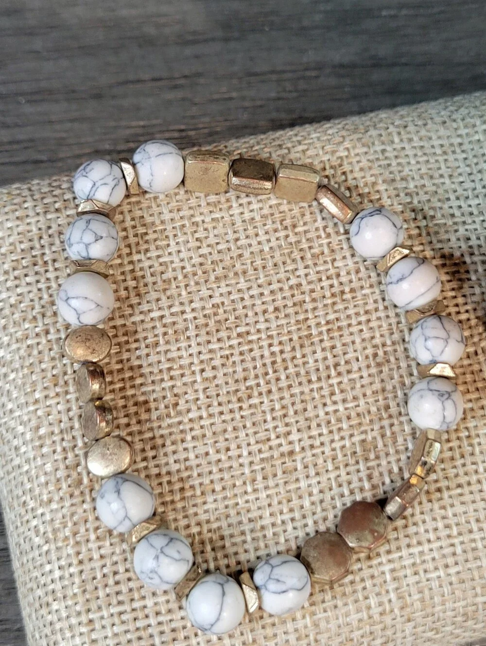Handmade White Howlite Beaded Stretch Bracelet w Gold Accents One Size Fits Most